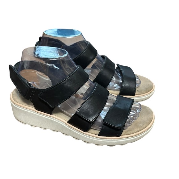 Clarks Collection Womens Black Leather Adjustable Strap Comfort Platform Sandals - Picture 1 of 7